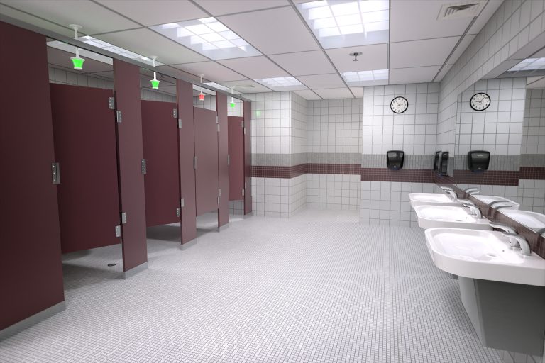Dark Red Solid Plastic Toilet Partitions in School Restroom